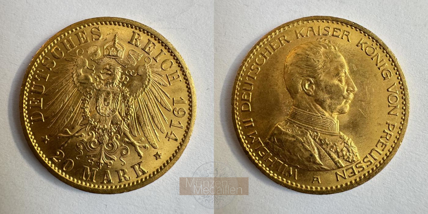 Preussen Kaiserreich, Wilhelm II Uniform MM-Frankfurt KM#537 Feingold: 7,17g 20 Mark (1913-1915) 1914 A 