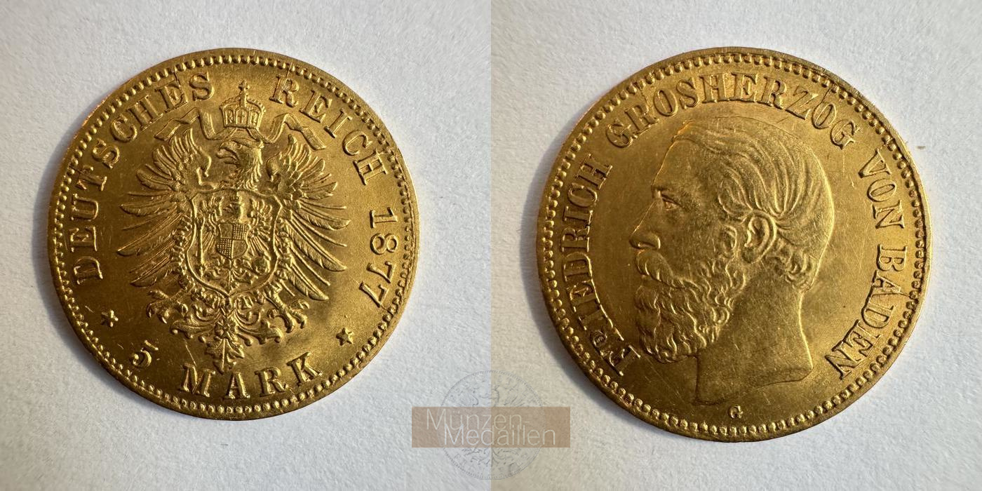 Dt. Kaiserreich. Baden, Friedrich I. MM-Frankfurt Feingold: 1,79g 5 Mark 1877 G 
