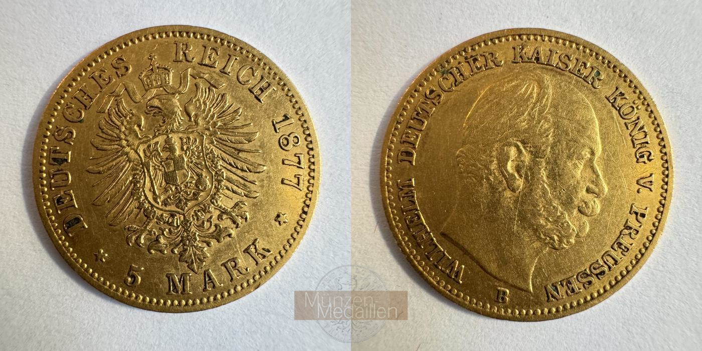 Preussen Kaiserreich, Wilhelm I MM-Frankfurt KM#507 Feingold: 1,79g 5 Mark (1877-1878) 1877 B 