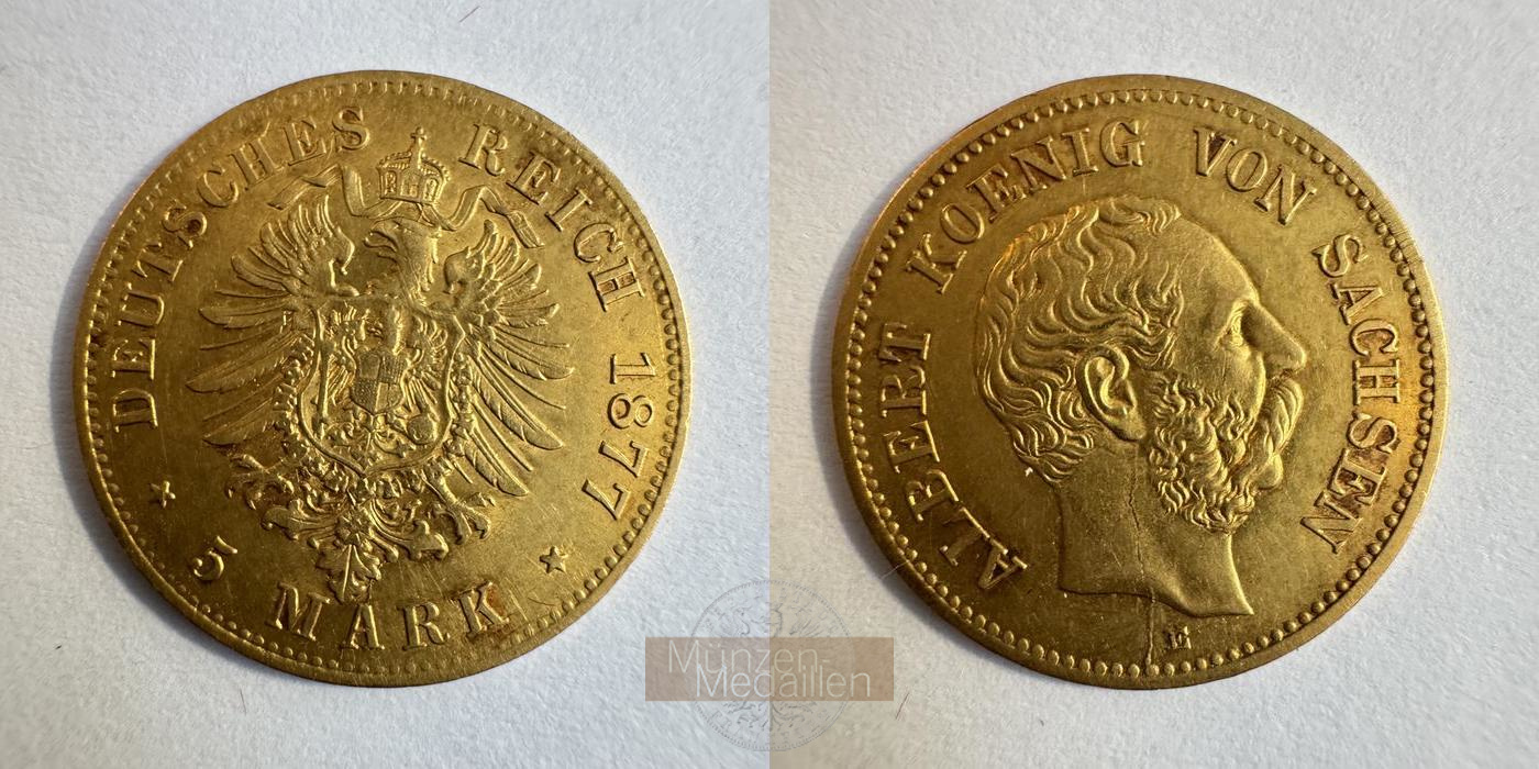 Deutsches Kaiserreich. Sachsen, Albert.  5 Mark 1877 E  MM-Frankfurt KM#1239 Feingold: 1,79g   