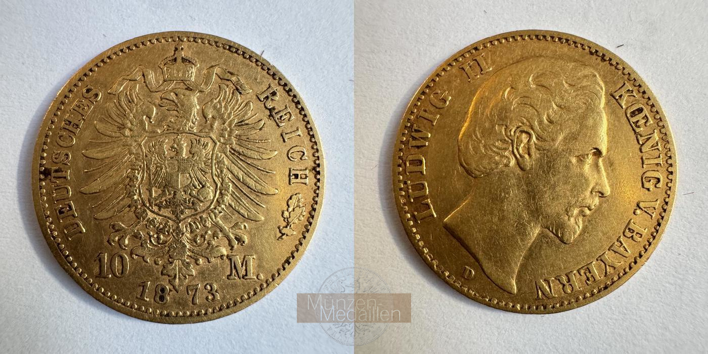 Dt Kaiserreich. Bayern MM-Frankfurt KM#892 Feingewicht: 3,59g Gold Ludwig II. 10 Mark 1873 D 