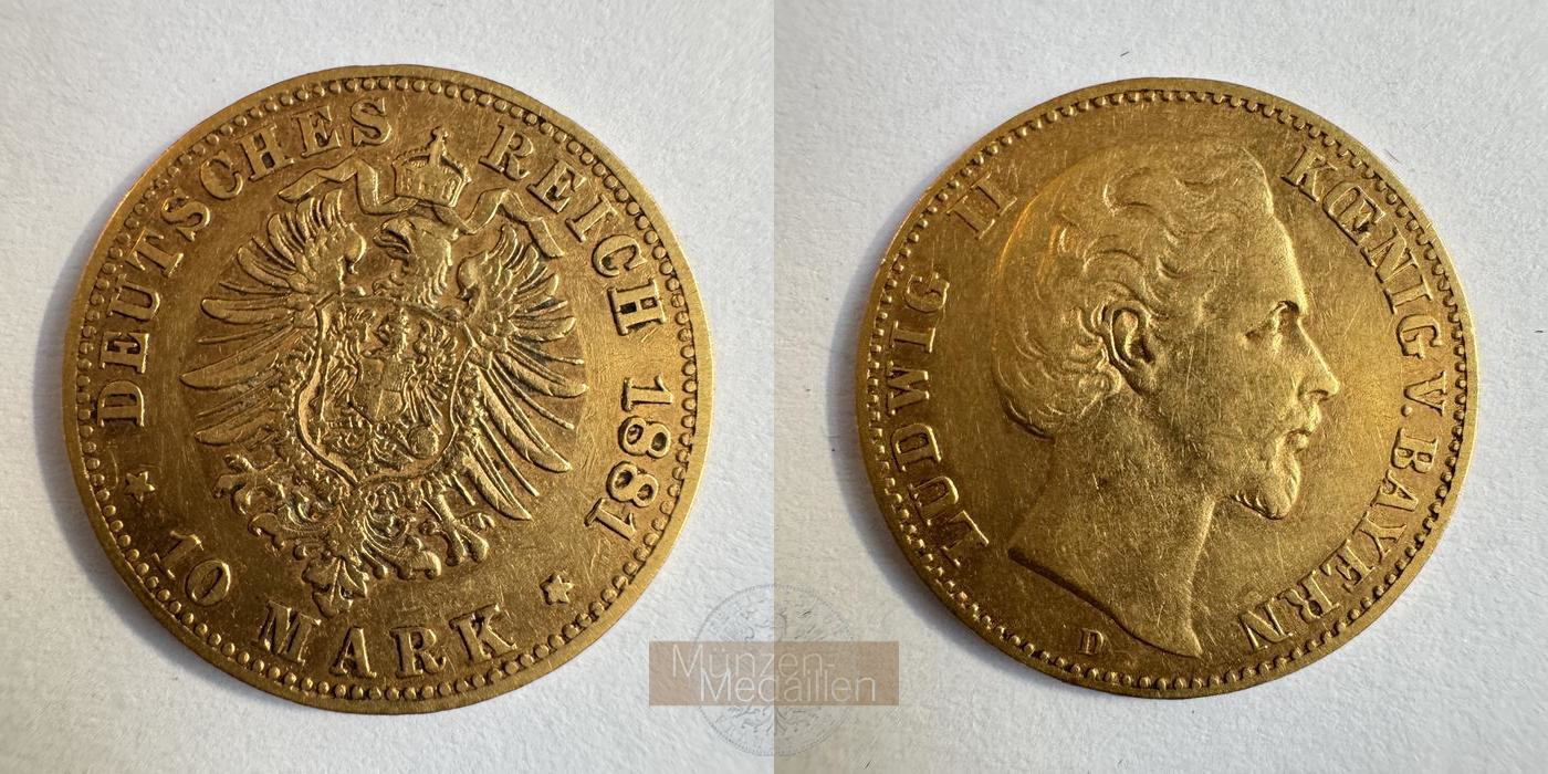 Bayern, Kaiserreich  10 Mark MM-Frankfurt KM#898 Feingold: 3,58g Ludwig II 1881 D 