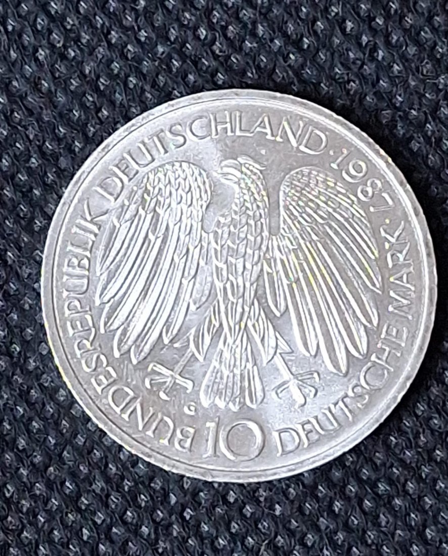  Silbermünze BRD: 10 DM 1987 G, 30 Jahre EG, Feingewicht 9,69 Gramm   