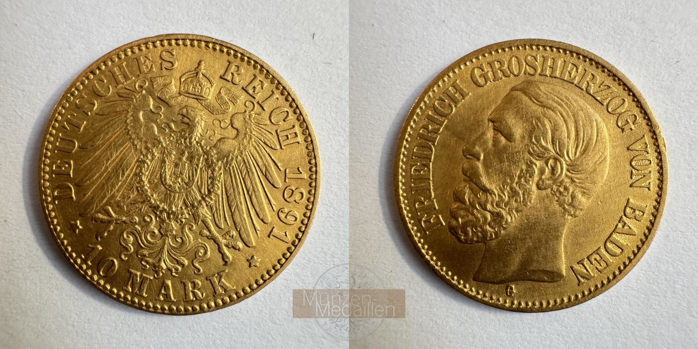 Baden  10 Mark MM-Frankfurt KM#267 Feingold:  3,58g Friedrich I. 1852 - 1907 1891 G 