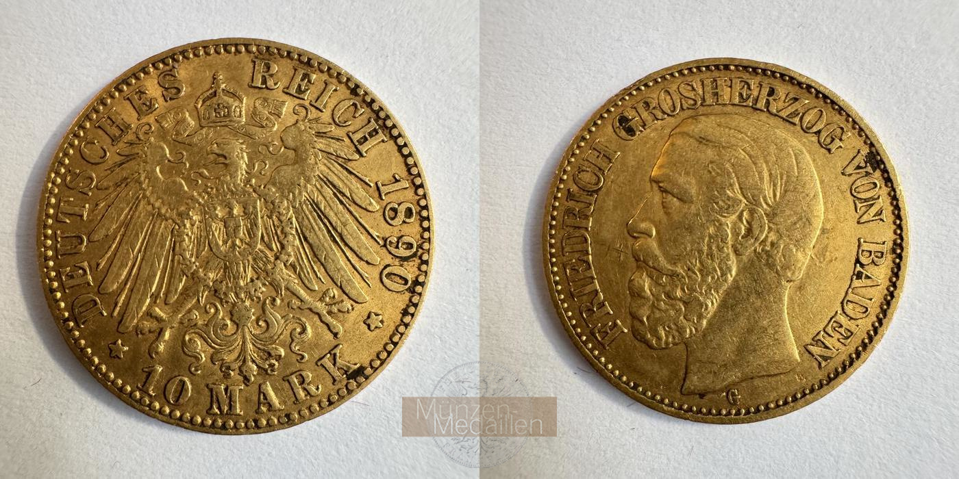 Baden  10 Mark MM-Frankfurt KM#267 Feingold:  3,58g Friedrich I. 1852 - 1907 1890 G 