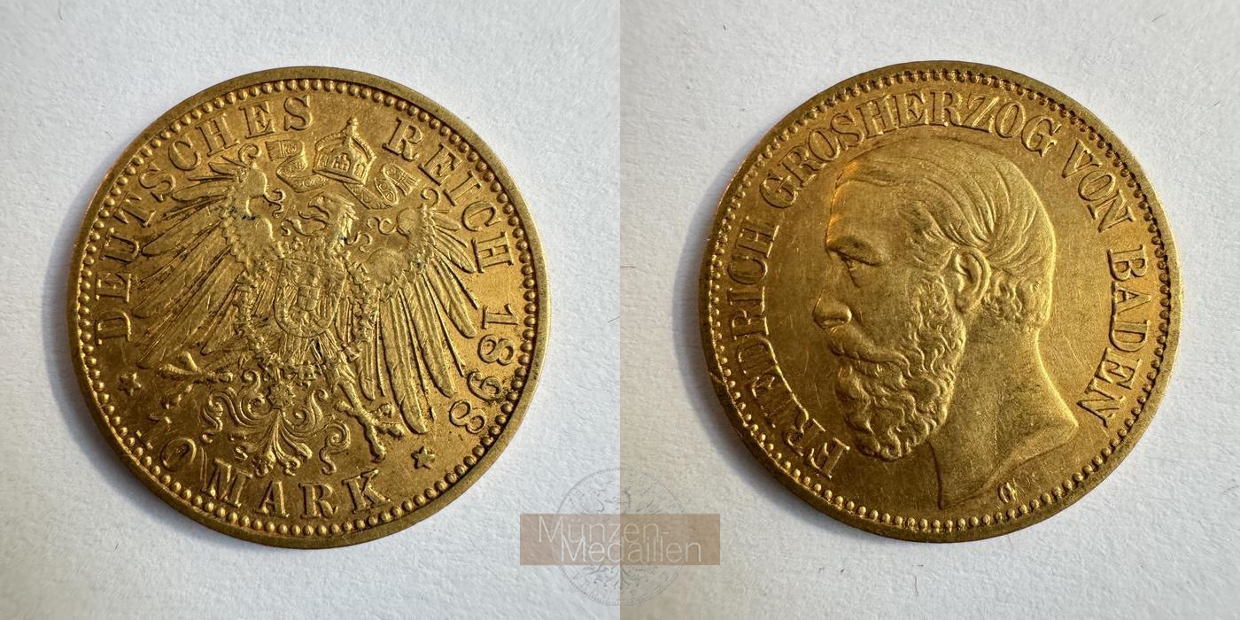 Baden  10 Mark MM-Frankfurt KM#267 Feingold:  3,58g Friedrich I. 1852 - 1907 1898 G 