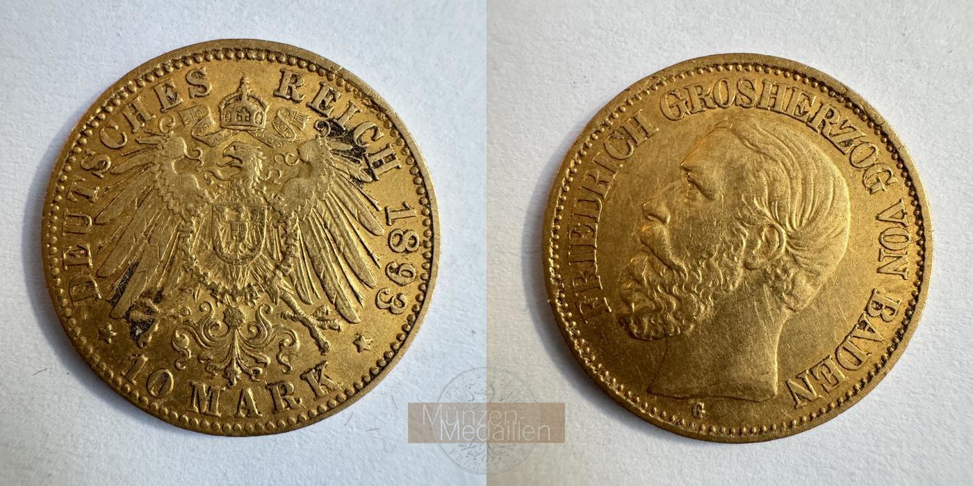Baden  10 Mark MM-Frankfurt KM#267 Feingold:  3,58g Friedrich I. 1852 - 1907 1893 G 