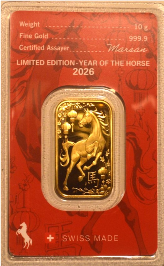 -kirofa - Schweiz - Baren Gold 10 g.9999 - YEAR OF THE HORSE 2026 .ARGOR-HERAEUS. LTD EDITION   