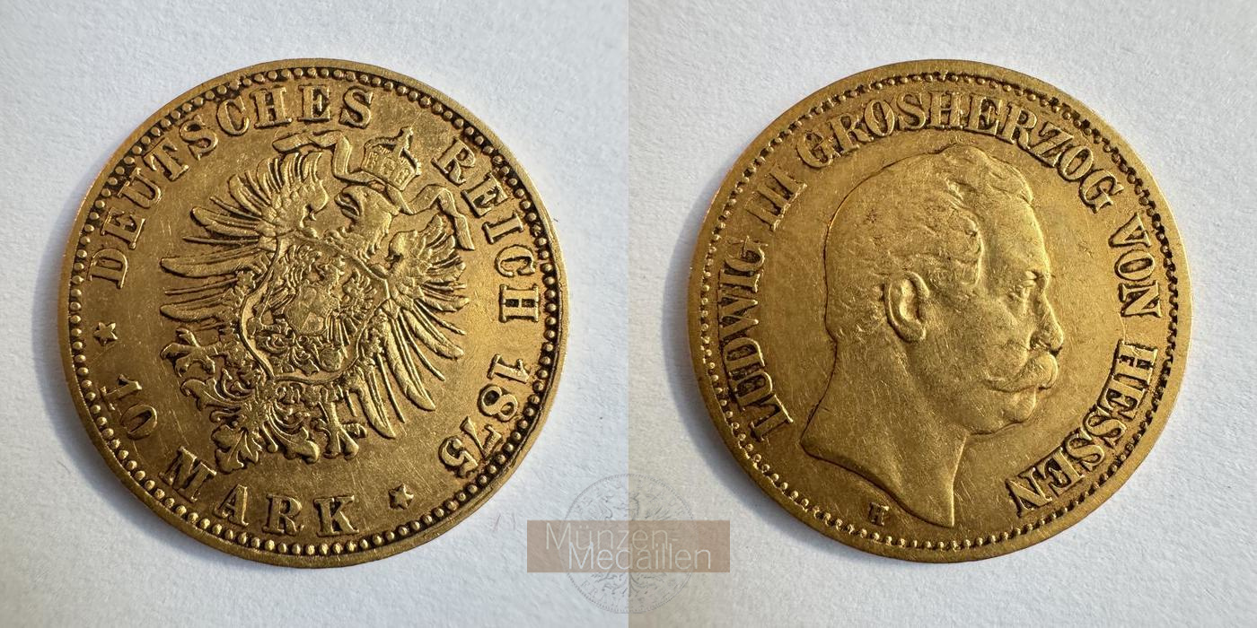 Deutsches Kaiserreich Hessen MM-Frankfurt KM#354 Feingold: 3,58g Ludwig III. 10 Mark 1875 H 