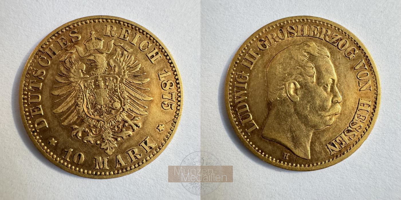 Deutsches Kaiserreich Hessen MM-Frankfurt KM#354 Feingold: 3,58g Ludwig III. 10 Mark 1875 H 