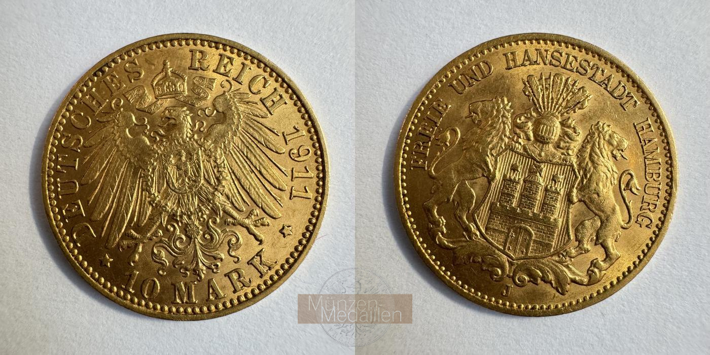 Deutsches Kaiserreich, Hamburg MM-Frankfurt KM#608 Feingold: 3,58g 10 Mark 1911 'J' 