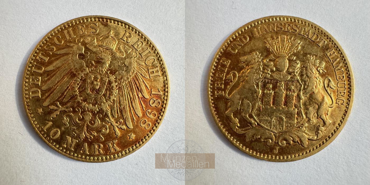 Deutsches Kaiserreich, Hamburg MM-Frankfurt KM#608 Feingold: 3,58g 10 Mark 1898 'J' 