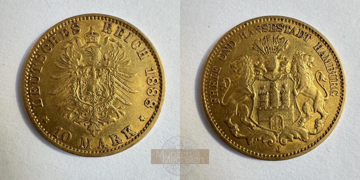 Dt. Kaiserreich Hamburg MM-Frankfurt KM#600 Feingold: 3,58g 10 Mark (1875-88) 1888 J 