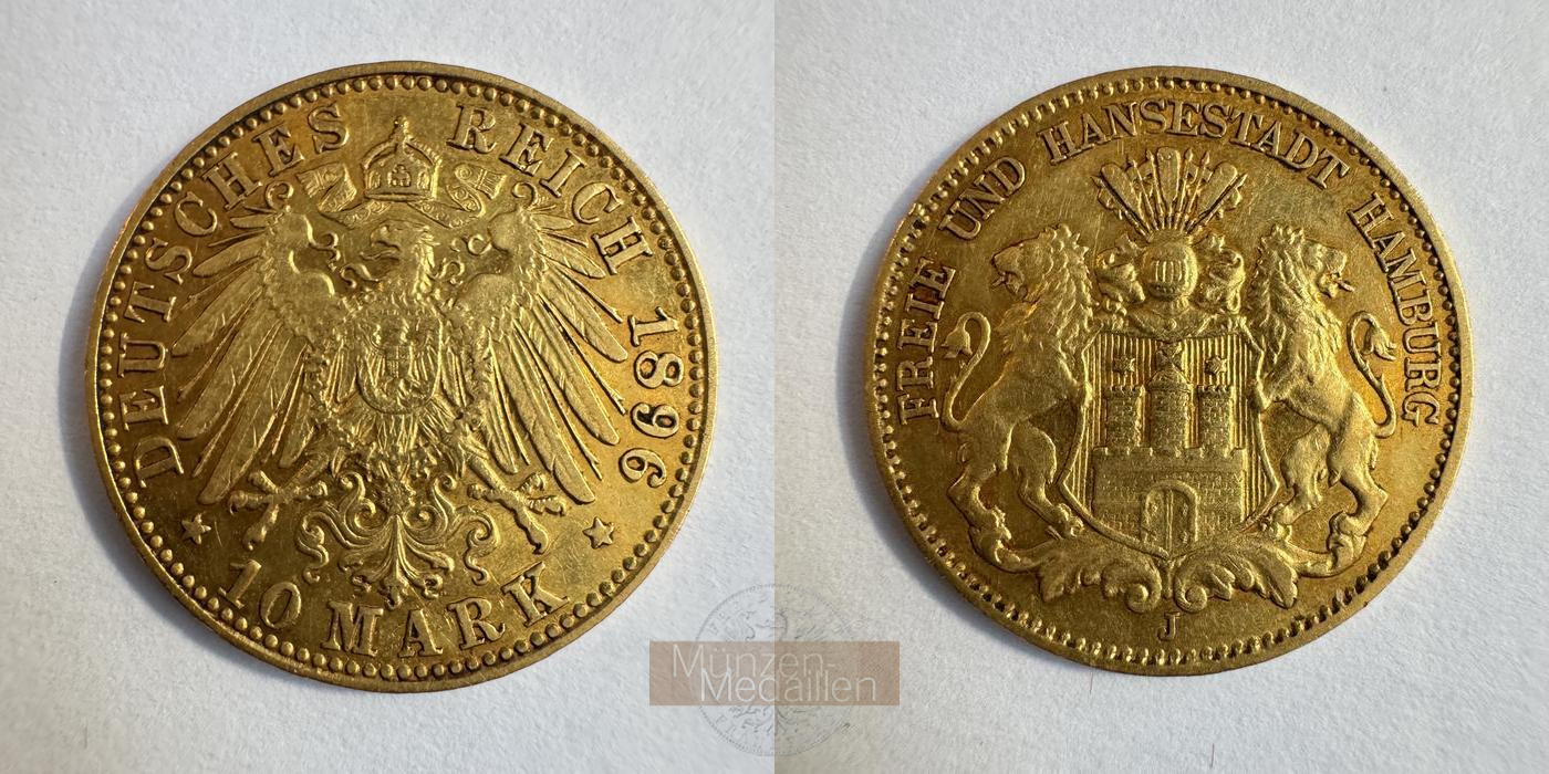 Deutsches Kaiserreich, Hamburg MM-Frankfurt KM#608 Feingold: 3,58g 10 Mark 1896 'J' 