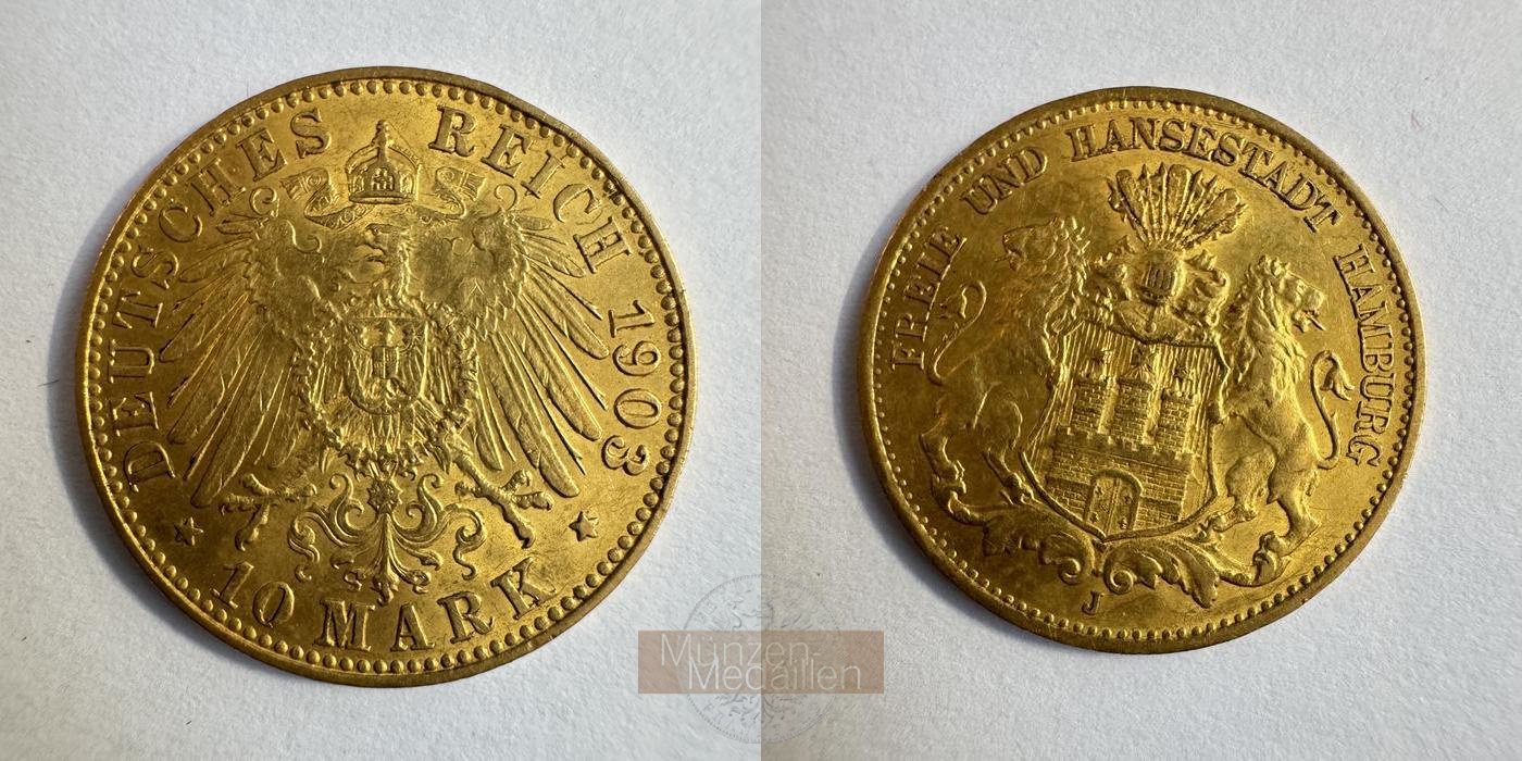 Deutsches Kaiserreich, Hamburg MM-Frankfurt KM#608 Feingold: 3,58g 10 Mark 1903 'J' 