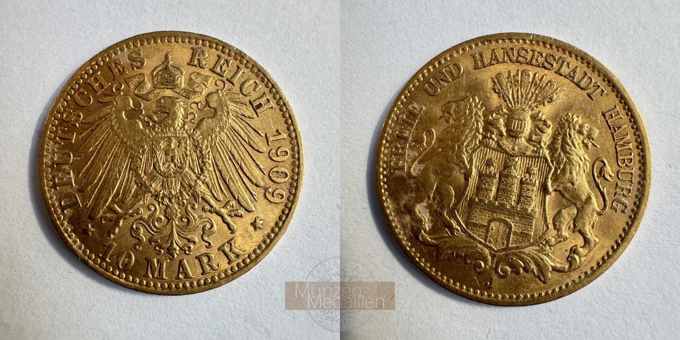 Deutsches Kaiserreich, Hamburg MM-Frankfurt KM#608 Feingold: 3,58g 10 Mark 1909 'J' 