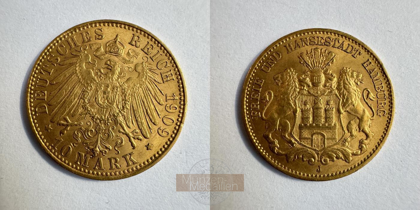 Deutsches Kaiserreich, Hamburg MM-Frankfurt KM#608 Feingold: 3,58g 10 Mark 1909 'J' 