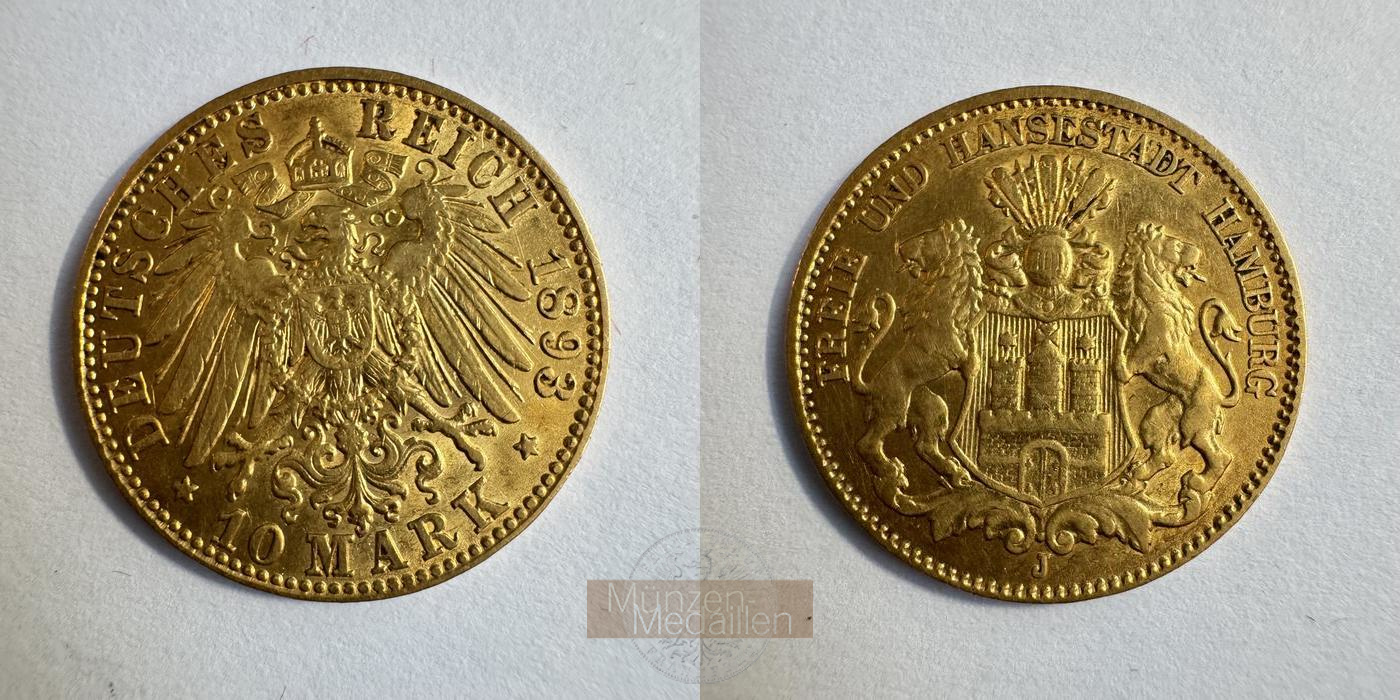 Deutsches Kaiserreich, Hamburg MM-Frankfurt KM#608 Feingold: 3,58g 10 Mark 1893 'J' 
