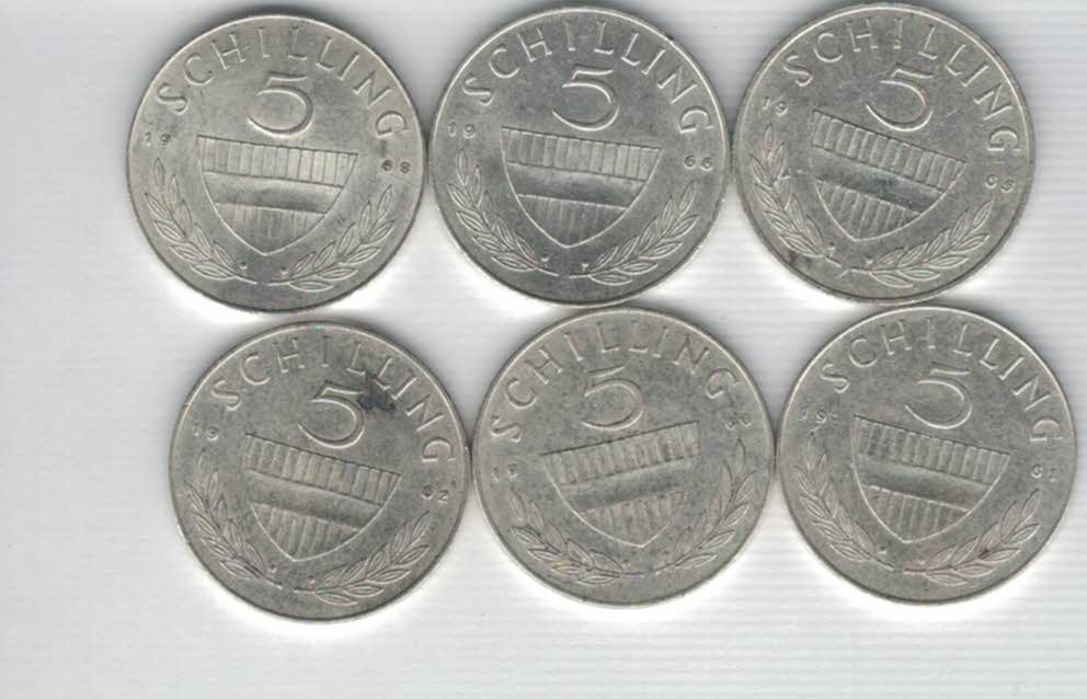  5 Schilling 1960 1961 1962 1965 1966 1968 6 Stk silber á 3,32 fein Österreich Spittalgold9800 /1054   