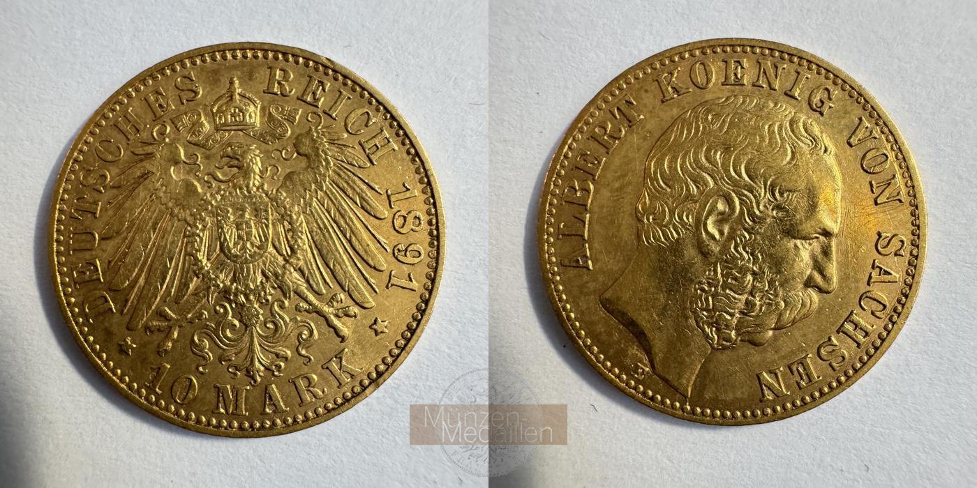Dt. Kaiserreich Sachsen, Albert MM-Frankfurt KM#1247 Feingold: 3,58g 10 Mark (1891-1902) 1891 E 