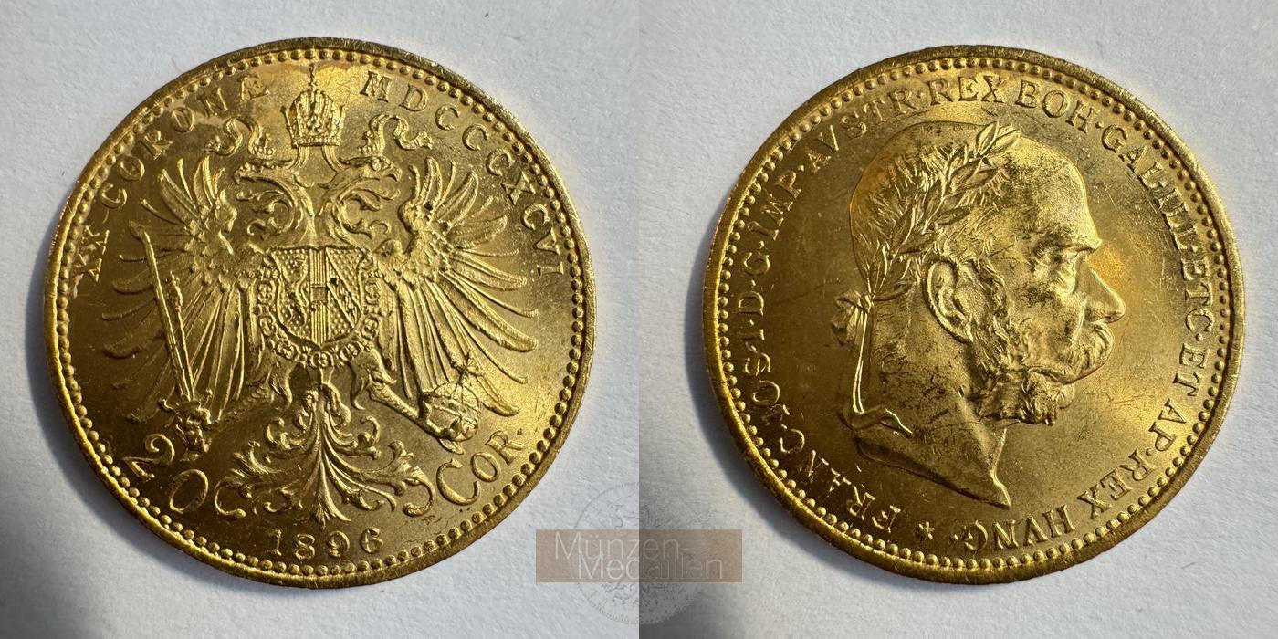 Österreich, Franz Joseph I MM-Frankfurt KM#2806 Feingold: 6,10g 20 Kronen (1892-1905) 1896 
