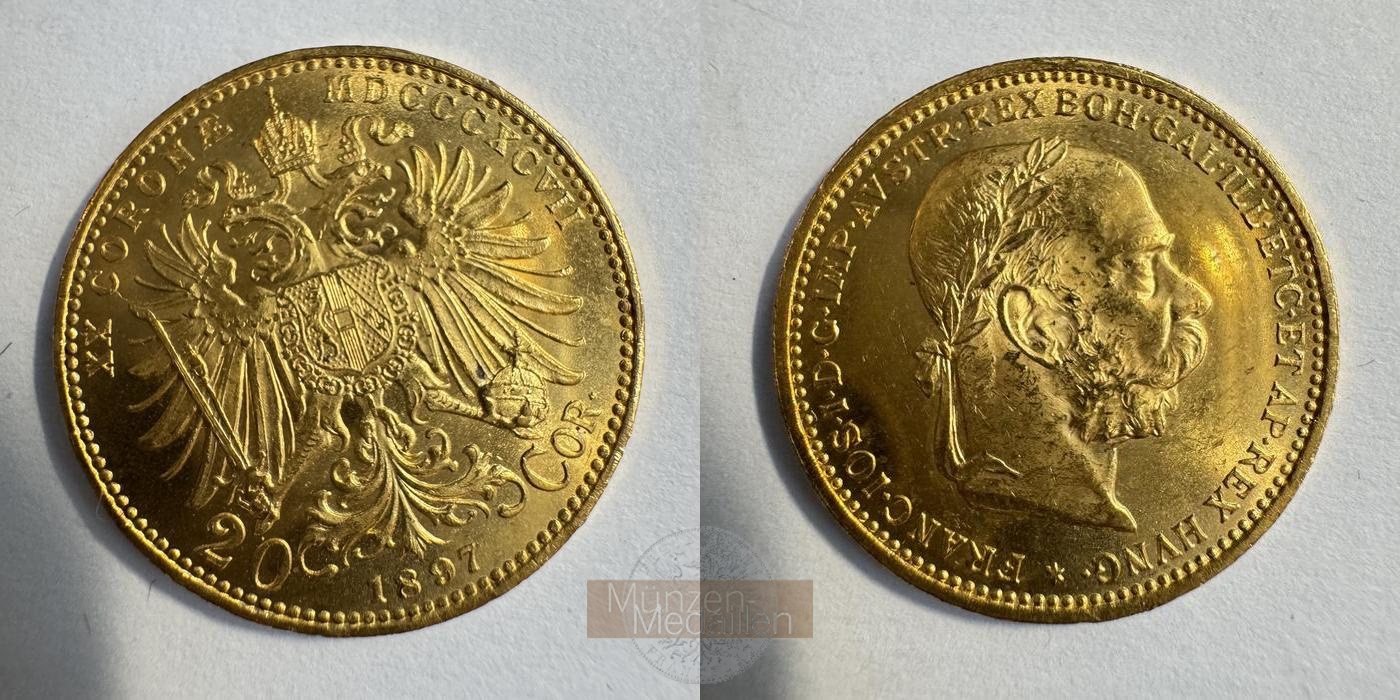 Österreich, Franz Joseph I MM-Frankfurt KM#2806 Feingold: 6,10g 20 Kronen (1892-1905) 1897 