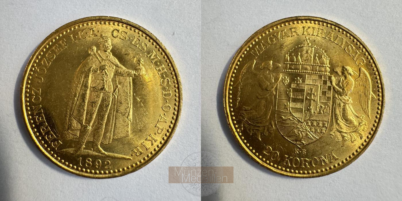 Ungarn Franz Joseph I MM-Frankfurt KM#486 Feingold: 6,10g 20 Kronen 1892 KB 