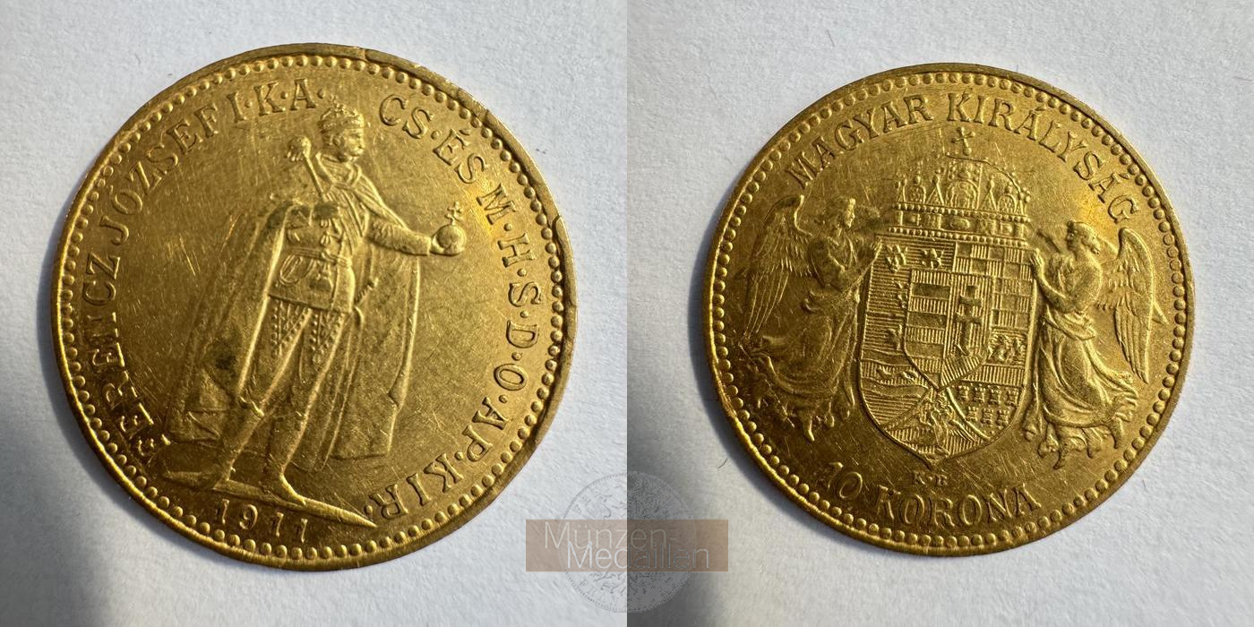 Ungarn, Franz Joseph I (1848-1916) MM-Frankfurt KM#485 Feingold: 3,05g 10 Korona 1911 