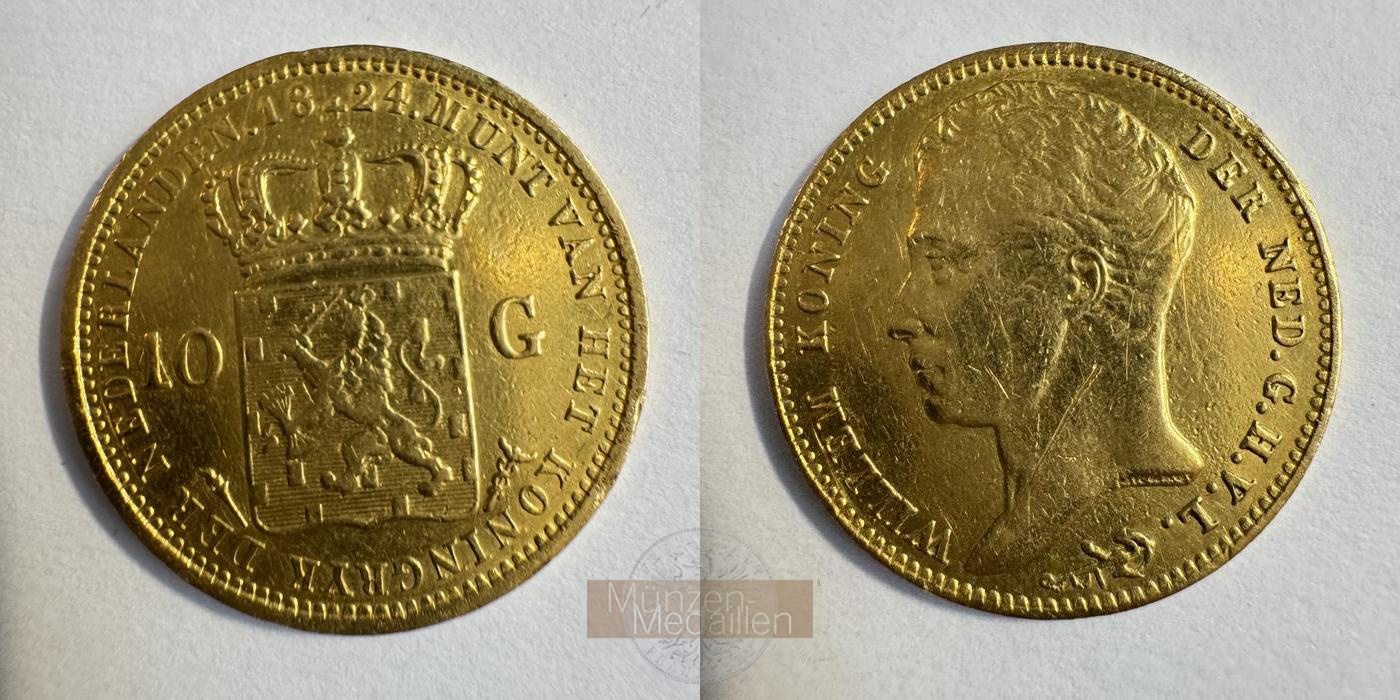 Niederlande, Willem I MM-Frankfurt KM#56 Feingold: 6,05g 10 Gulden (1818-40) 1824 