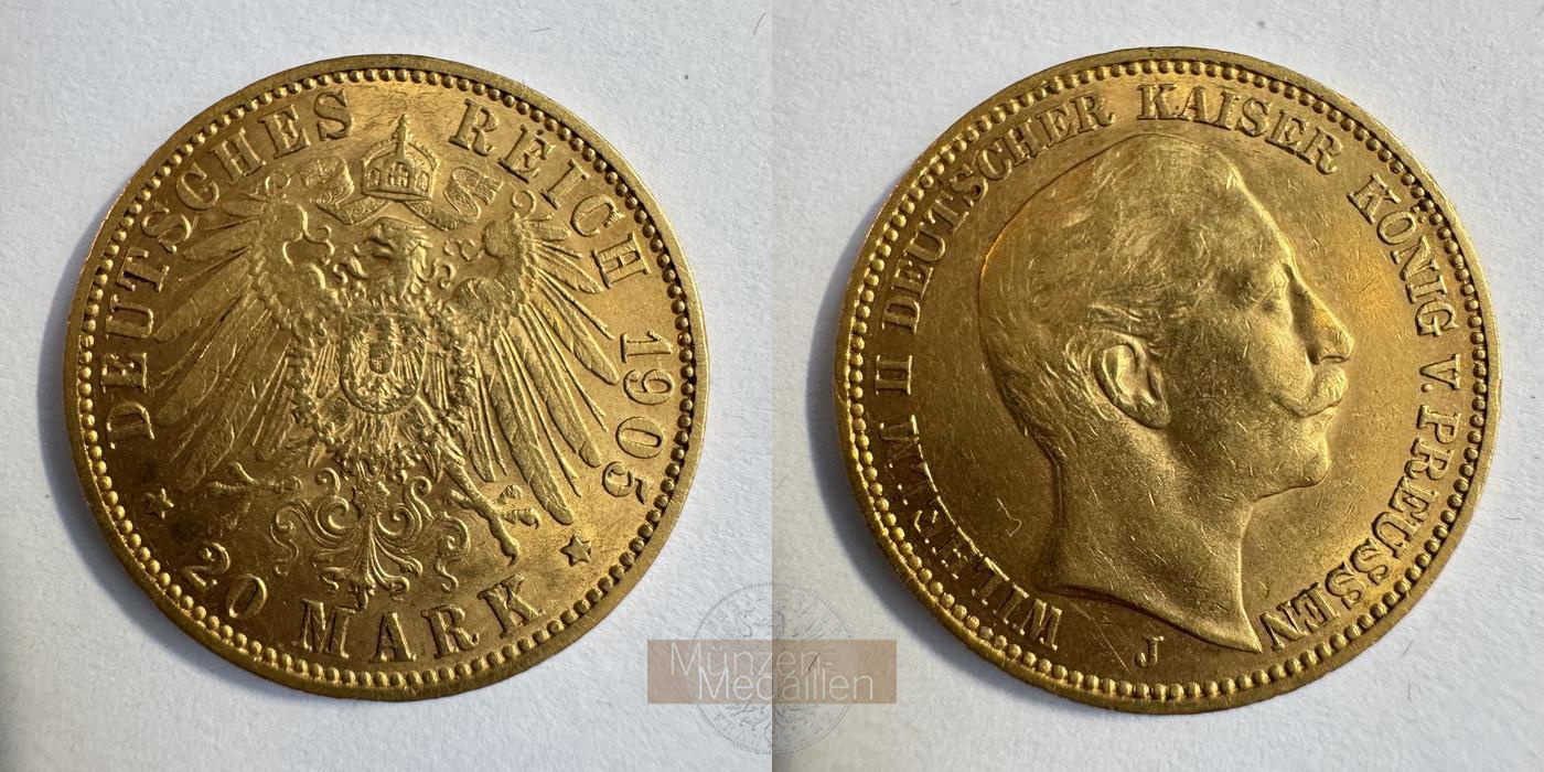 Dt. Kaiserreich Preussen,  20 Mark MM-Frankfurt KM#521 Feingold: 7,17g Wilhelm II 1905 J 
