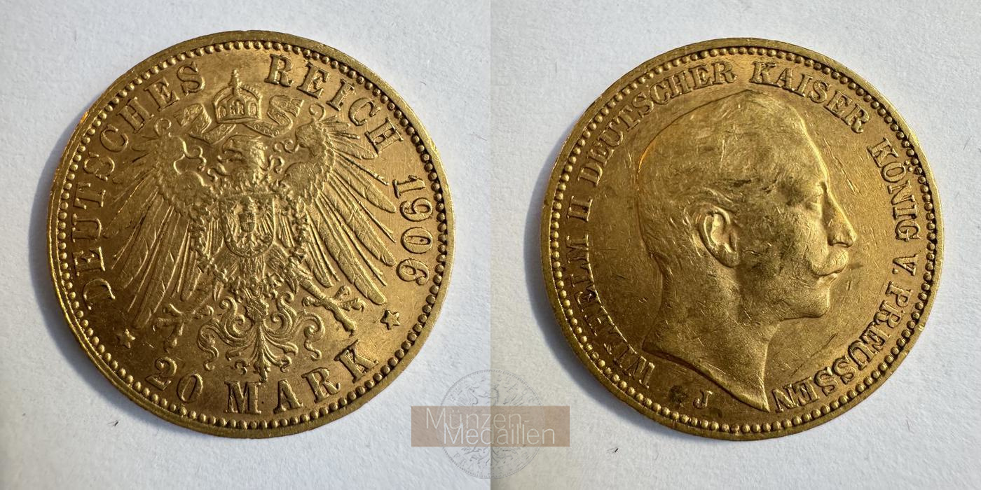 Dt. Kaiserreich Preussen,  20 Mark MM-Frankfurt KM#521 Feingold: 7,17g Wilhelm II 1906 J 
