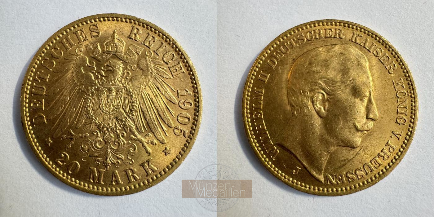Dt. Kaiserreich Preussen,  20 Mark MM-Frankfurt KM#521 Feingold: 7,17g Wilhelm II 1905 J 