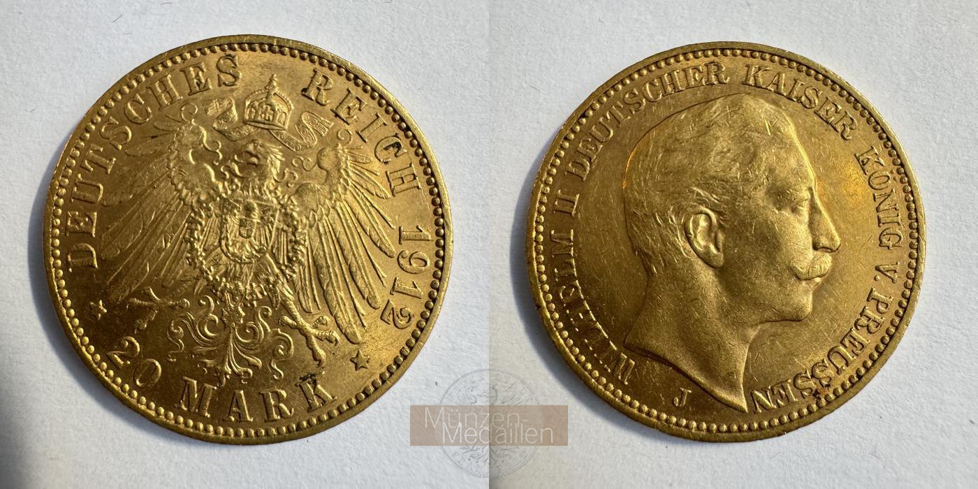 Dt. Kaiserreich Preussen,  20 Mark MM-Frankfurt KM#521 Feingold: 7,17g Wilhelm II 1912 J 
