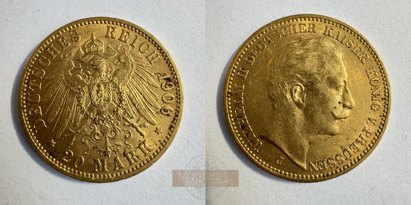Dt. Kaiserreich Preussen,  20 Mark MM-Frankfurt KM#521 Feingold: 7,17g Wilhelm II 1906 J 