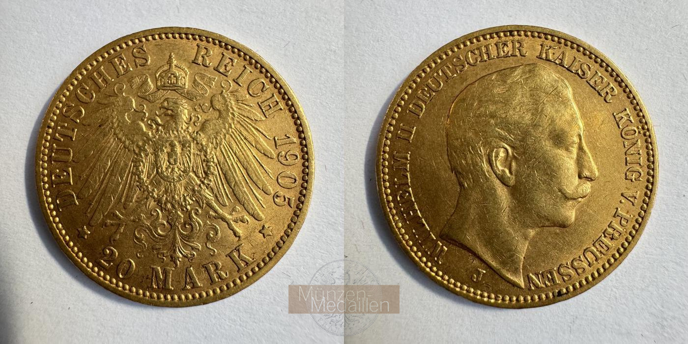 Dt. Kaiserreich Preussen,  20 Mark MM-Frankfurt KM#521 Feingold: 7,17g Wilhelm II 1905 J 