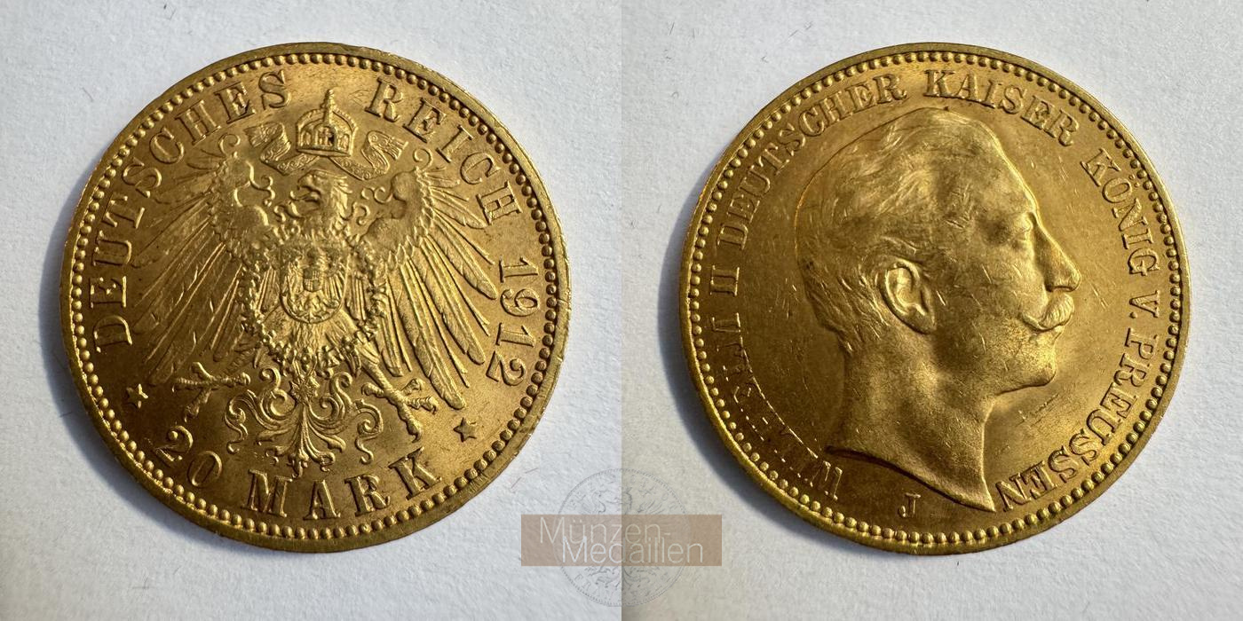 Dt. Kaiserreich Preussen,  20 Mark MM-Frankfurt KM#521 Feingold: 7,17g Wilhelm II 1912 J 