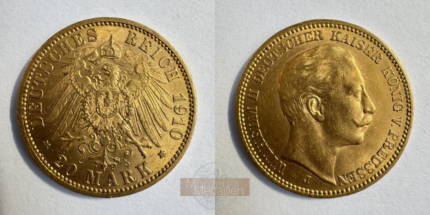 Dt. Kaiserreich Preussen,  20 Mark MM-Frankfurt KM#521 Feingold: 7,17g Wilhelm II 1910 J 