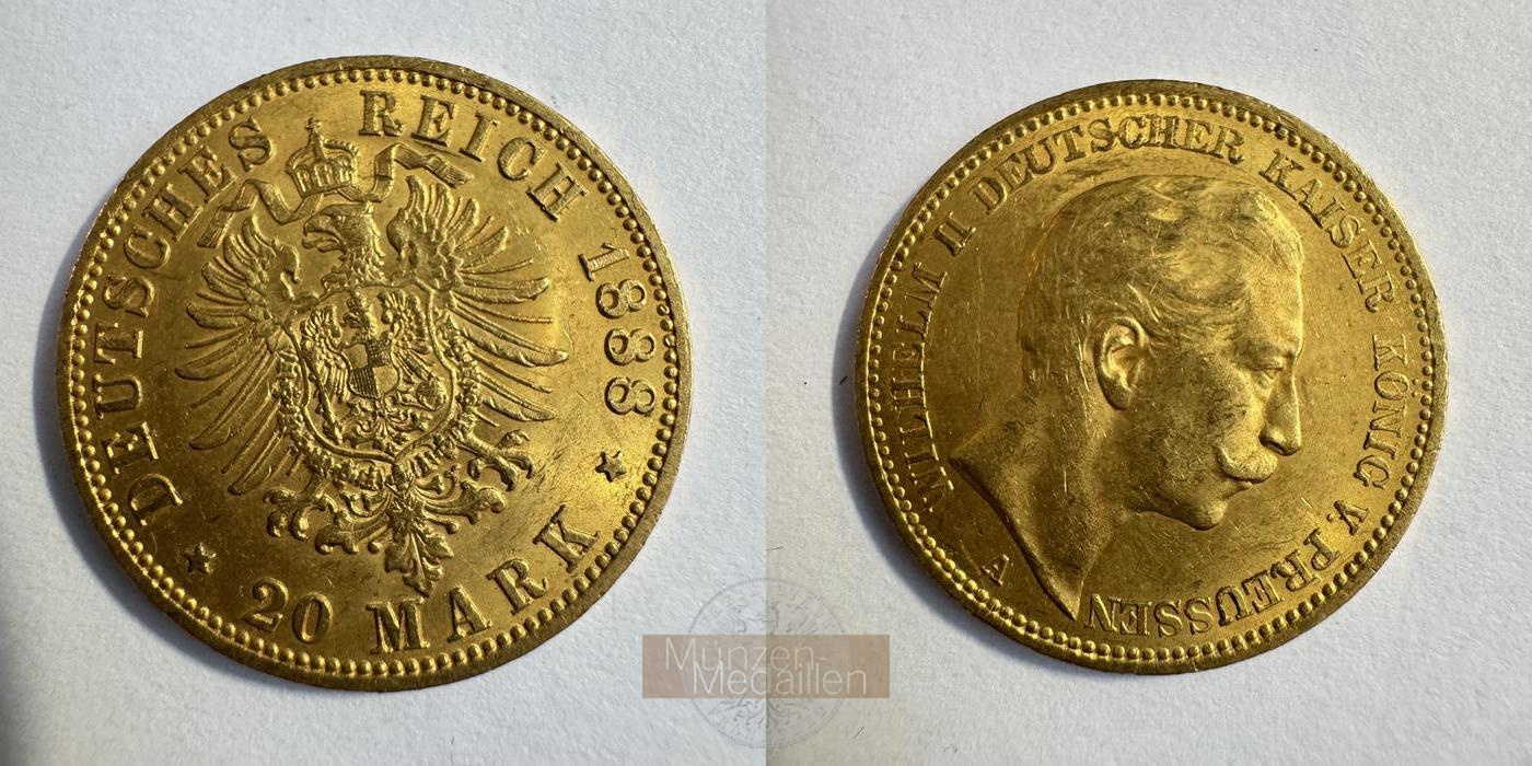 Dt. Reich Preußen 20 Mark William II 1888 (1888-89) A MM-Frankfurt KM#516 Feingold: 7,17g   