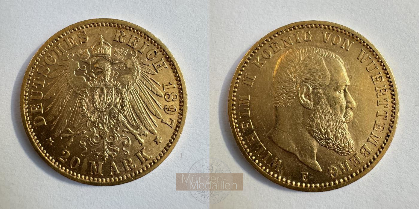  Dt. Reich Württemberg 20 Mark William II F 1897 (1894-1914) MM-Frankfurt KM#634 Feingold: 7,17g   