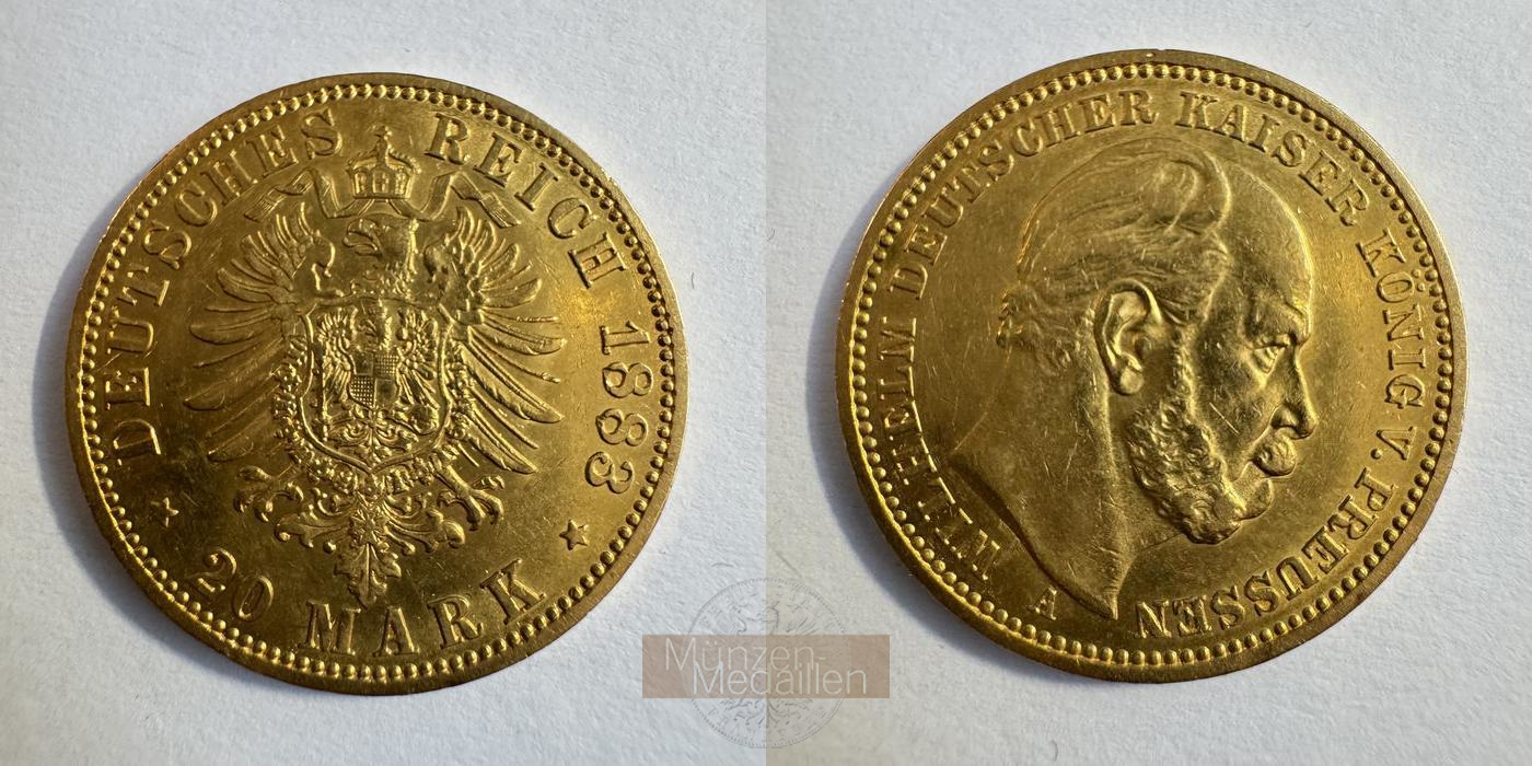 Dt. Kaiserreich Preussen, Wilhelm I. MM-Frankfurt KM#505 Feingold: 7,17g 20 Mark (1874-1888) 1883 A 