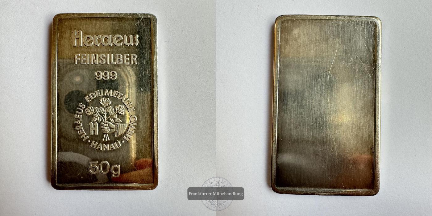  Deutschland Silberbarren 50g Heraeus FM-Frankfurt Feinsilber: 50g   