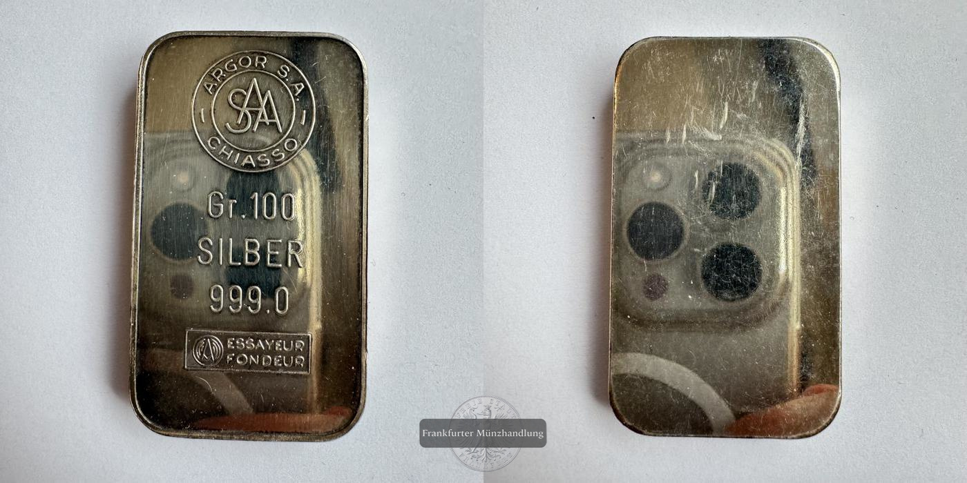  Schweiz 100g Silberbarren Argor S.A. Chiasso   FM-Frankfurt  Feingewicht: 100g   