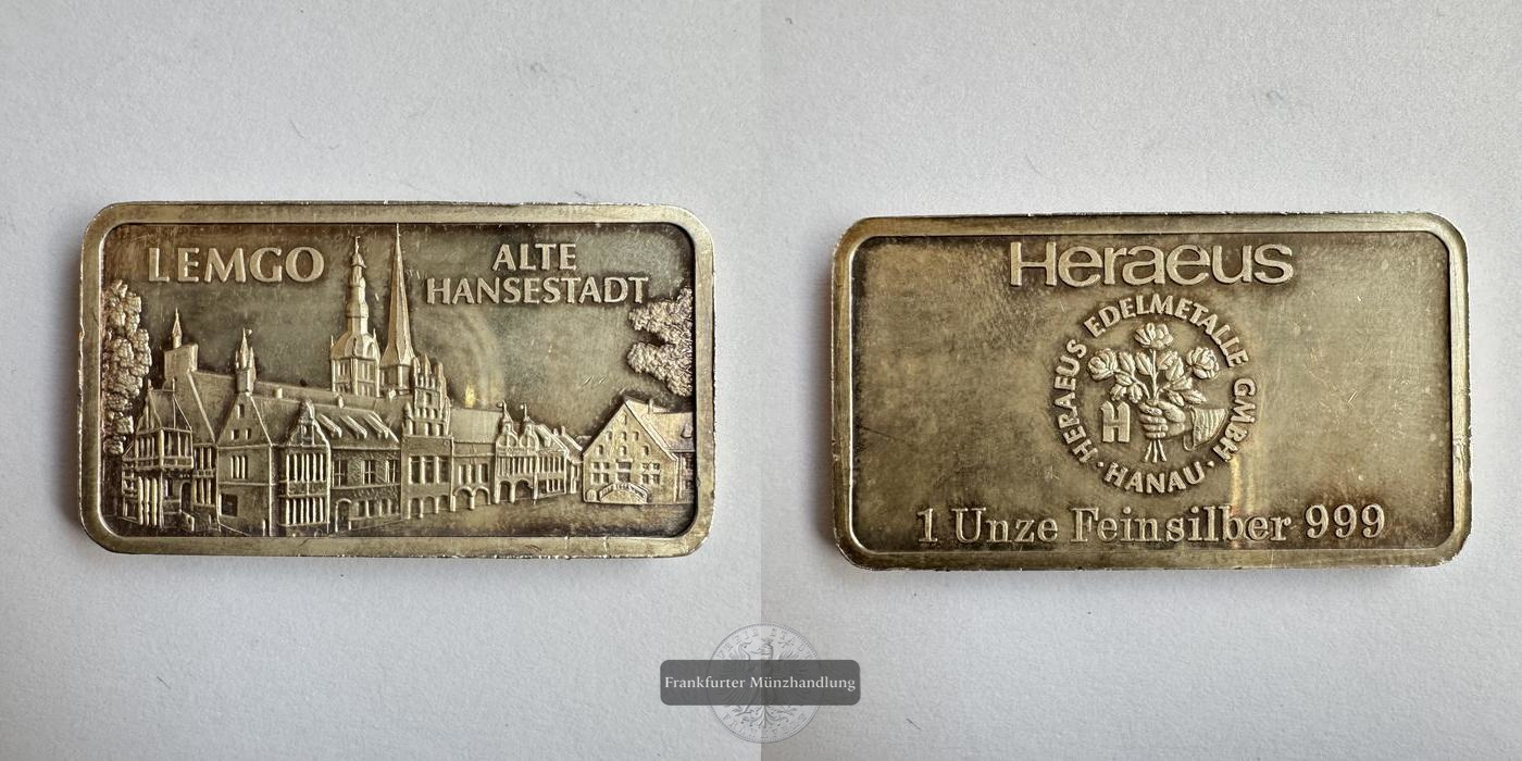  Deutschland Silberbarren 1oz Heraeus Lemgo FM-Frankfurt Feinsilber: 31,1g   