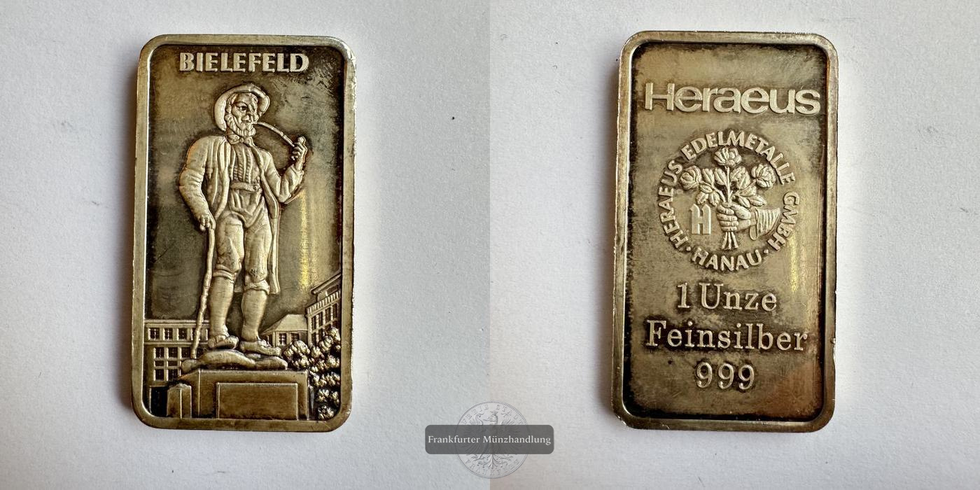  Deutschland Silberbarren 1oz Heraeus Bielefeld FM-Frankfurt Feinsilber: 31,1g   