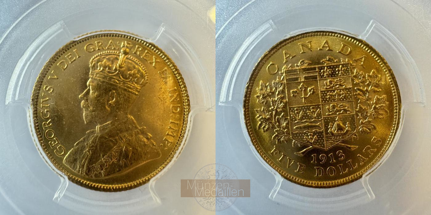 Kanada 5 Dollar MM-Frankfurt Feingold: 7,52g Georg V. 1910-1936 1913 PCGS MS63 Graded