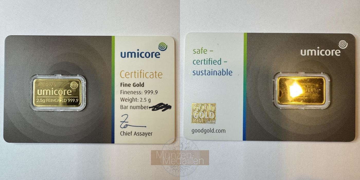  Umicore 2,5g Goldbarren MM-Frankfurt Feingold: 2,5g   