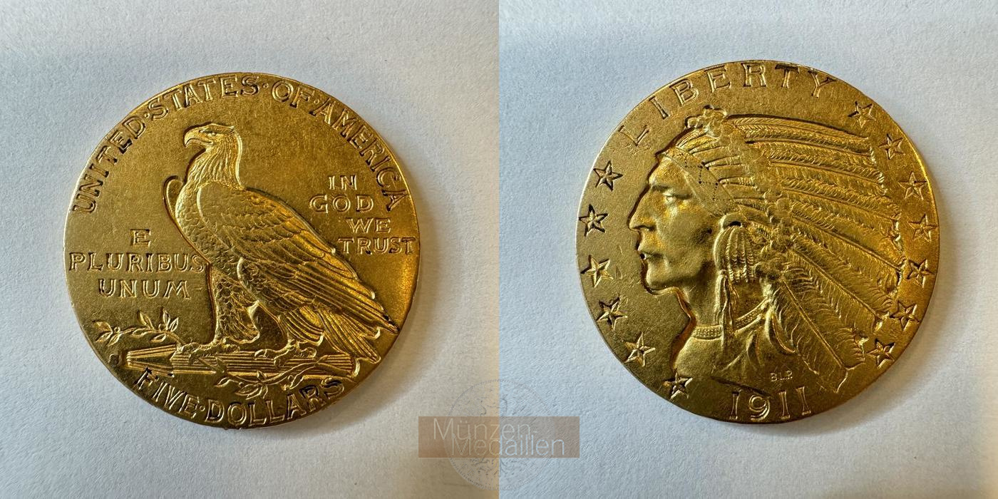 USA  5 Dollar Indian Head MM-Frankfurt Feingold: 7,52g Half Eagle 1911 