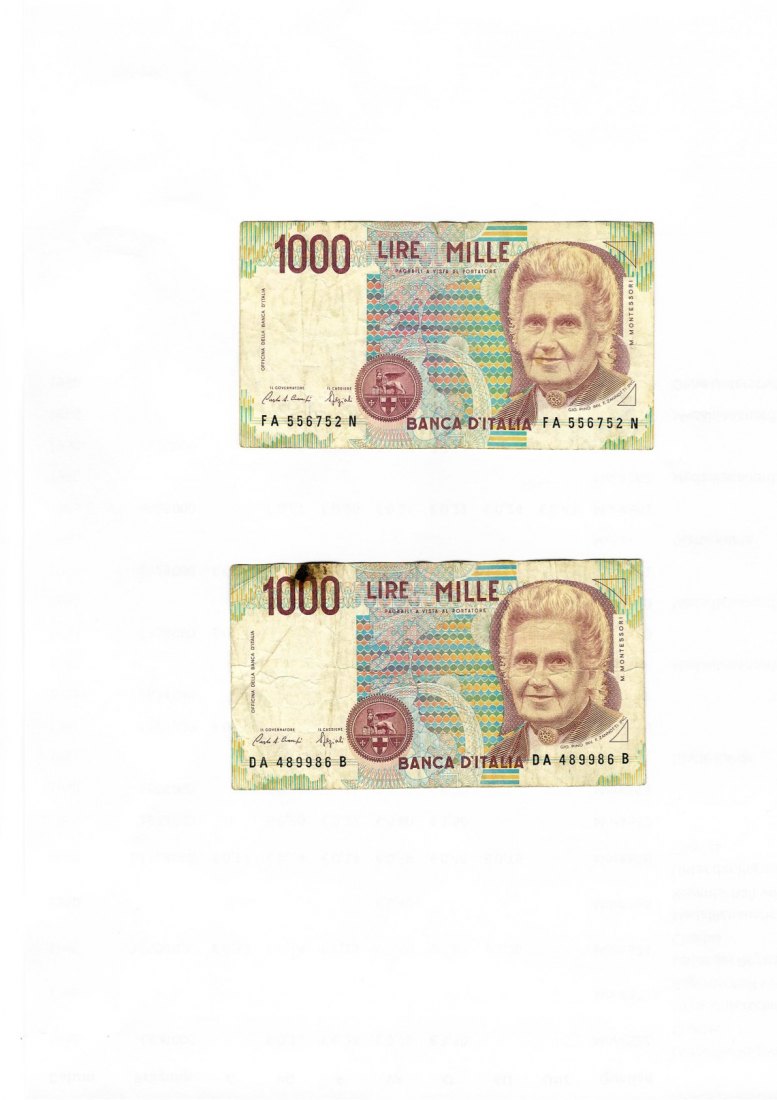  Banknote (55) Italien 2 Stück 1.000 Lire 1990 Montessori   