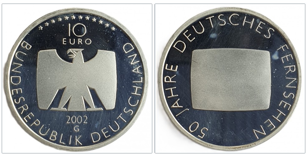 Deutschland 10 Euro, 2002 50 Jahre Deutsches Fernsehen Polierte Platte 16,65 g Silber fein   