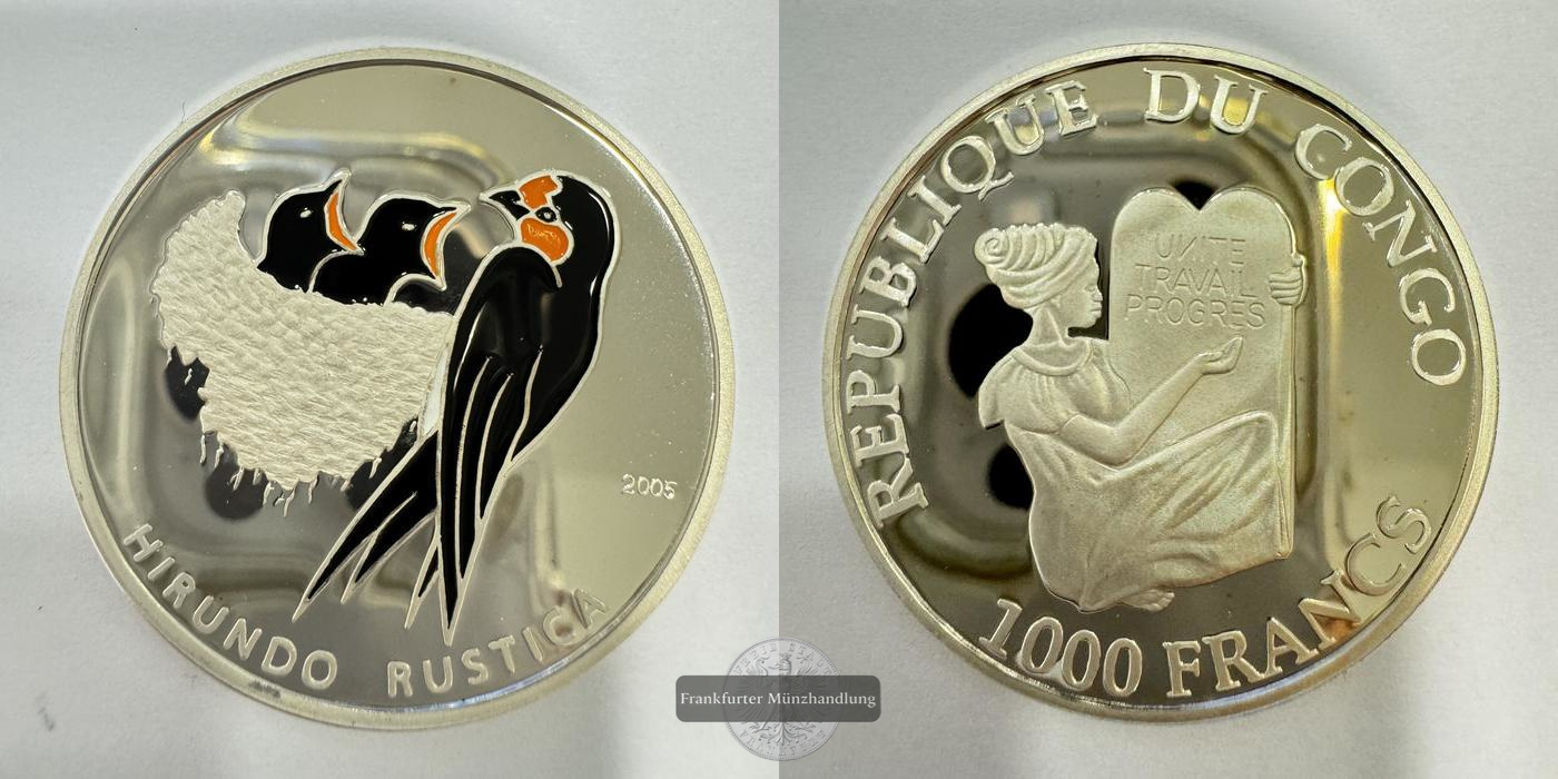  Rep. Kongo 1000 Francs CFA 2005 Hirundo Rustica Coloriert FM-Frankfurt Feinsilber: 15g   